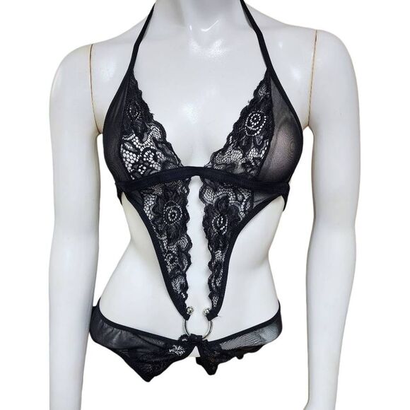 AvidLove Black Deep V Lace & Mesh Crotchless Teddy (S) - Picture 5 of 8